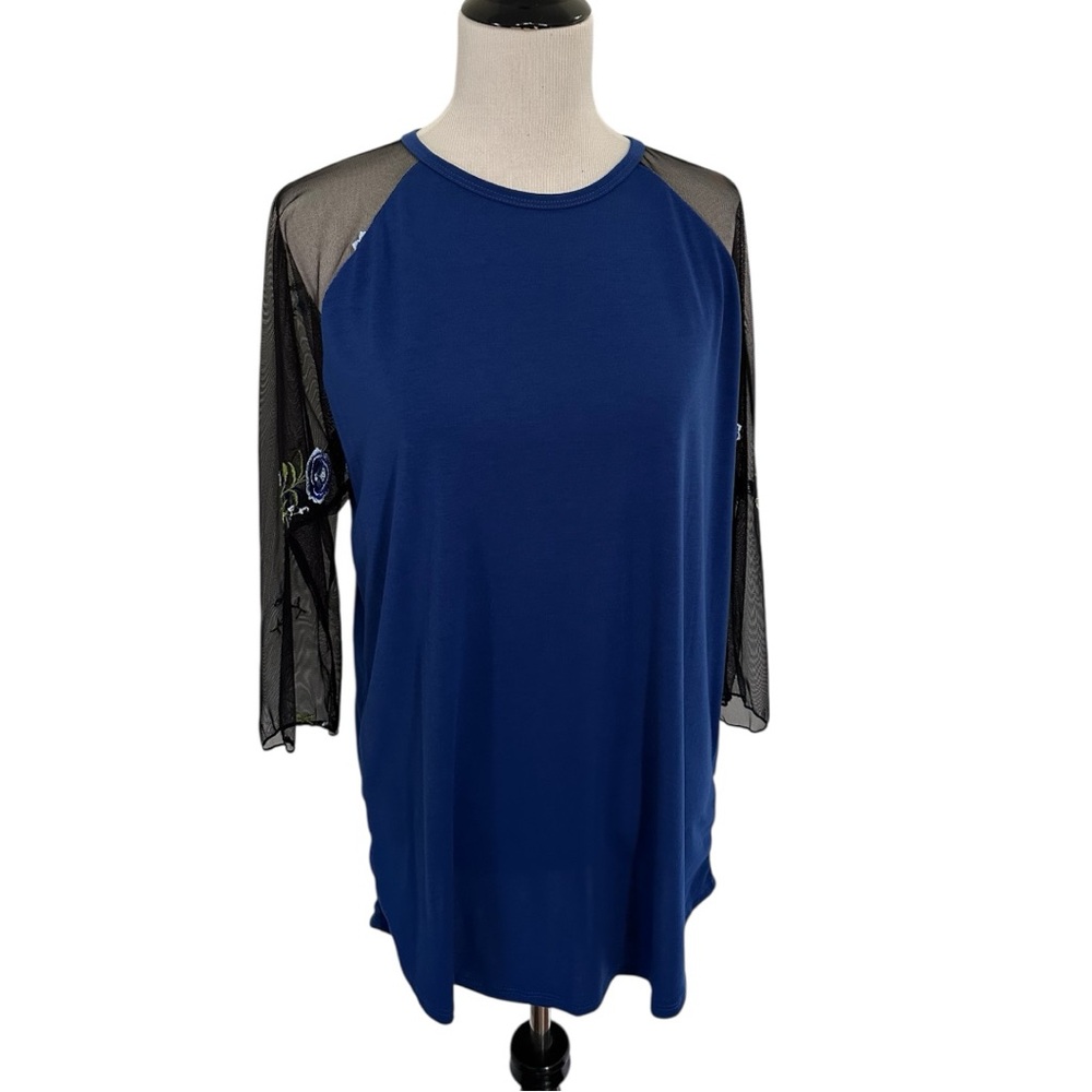 LuLaRoe Blue Randy 2X Top with Black Sheer Mesh Embroidered 3/4 Sleeves New